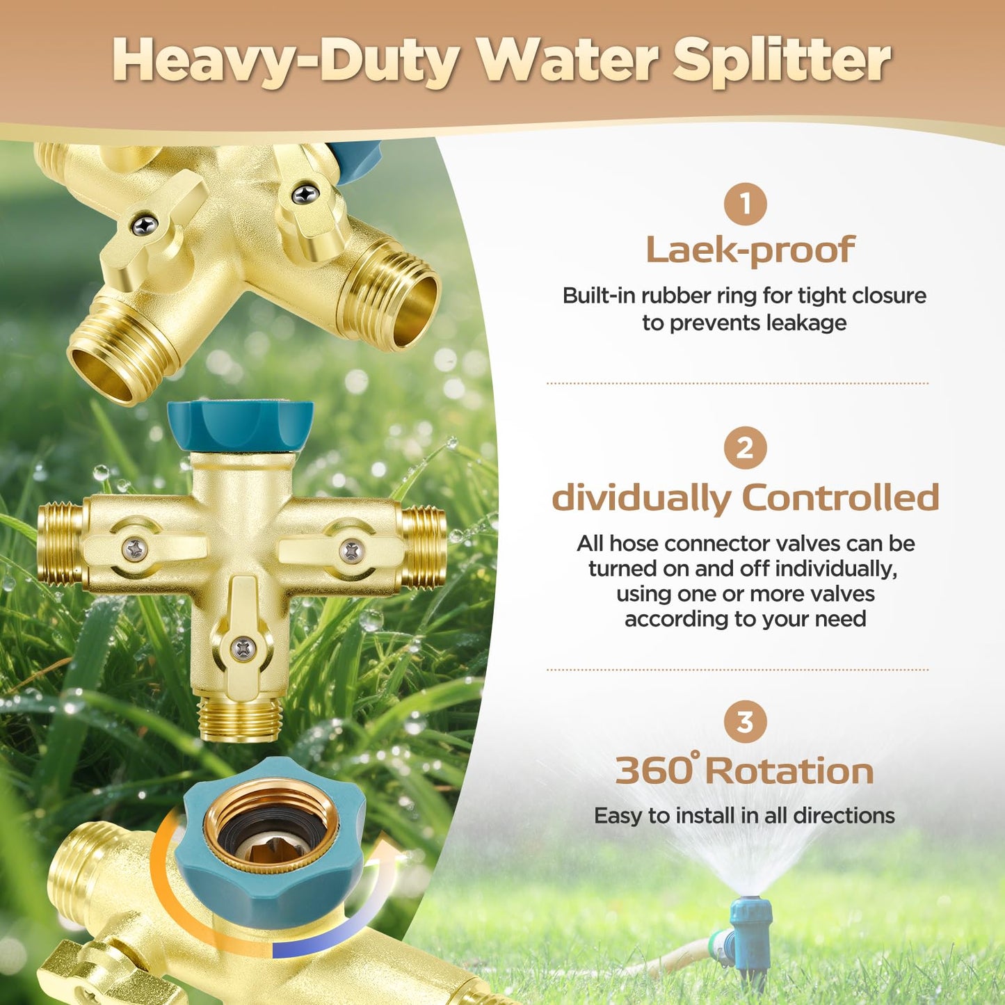 IPOW 3 Way 1.2MPa High Flow Heavy Duty Garden Hose Splitter, 3/4" Spigot Faucet Connectors with 6 Rubber Hose Washers and Comfort Grip Use, Hose Pipe Tap Splitter for Garden Outdoor Home