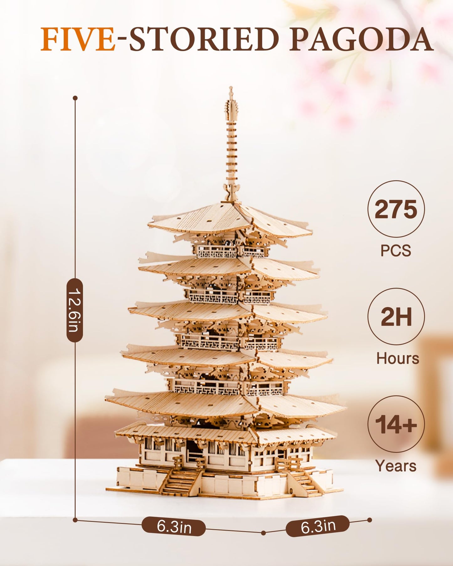 Rolife Wood Model Kits for Adults to Build 3D Puzzles DIY Five-storied Pagoda Birthday Unique Gifts for Friends or Family