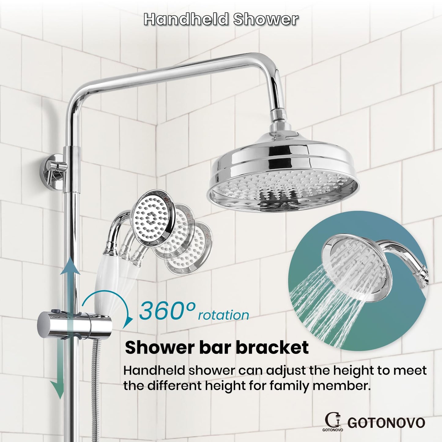 gotonovo Luxury Exposed Shower Faucet Set Bathroom Shower System 8 Inch Wall Mount Rainfall Shower Head with Handheld Spray Cross Double Handle Shower Fixture Adjustable Straight Rod Polish Chrome