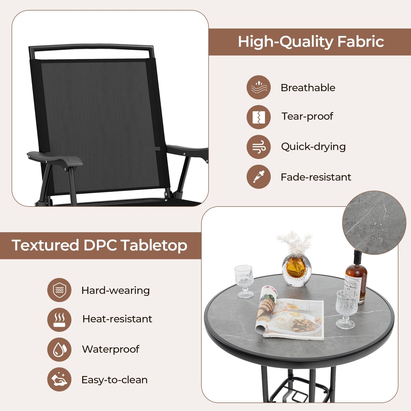 Tangkula 3-Piece Outdoor Bar Set, Counter Height Patio Bistro Furniture Set with DPC Tabletop & Umbrella Hole, Metal Frame Patio Bar Table with 2 Folding Chairs for Poolside, Backyard, Porch, Black