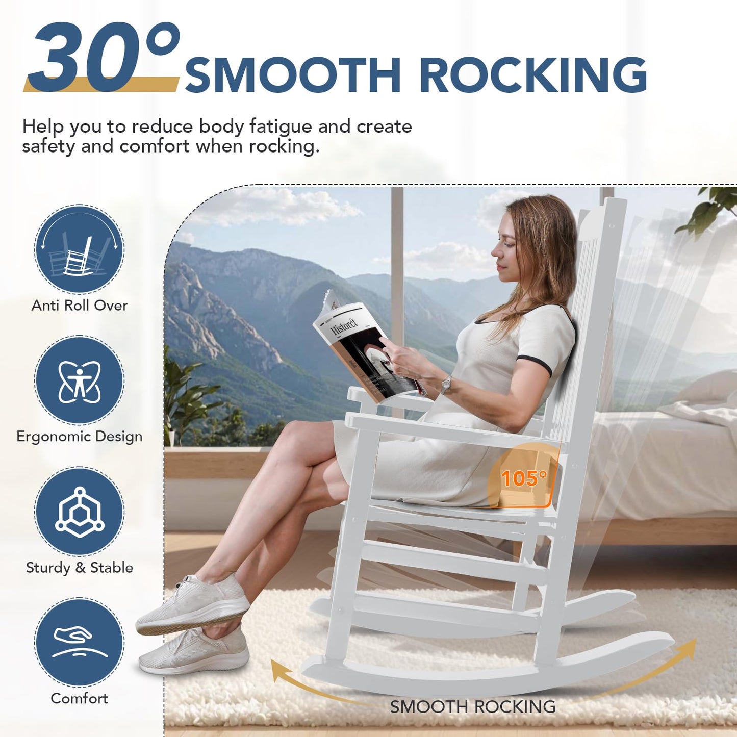 Besunbar Wooden Outdoor Rocking Chair, Oversized Patio Rocking Chair w/400lbs Support & High Backrest | Porch, Lawn, Garden, Backyard，White