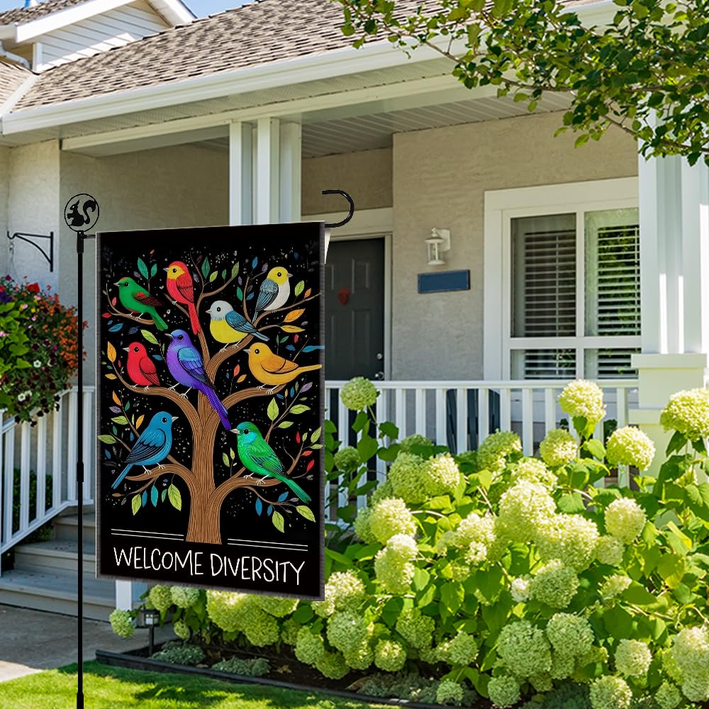LAGZDFC Welcome Diversity Garden Flag Yard Decoration Gifts, Double Sided Farmhouse Outdoor Lawn Decor Yard Flag, Funny Rainbow Diverse Birds Welcoming Sign, Unity Equality Community Pride Flags