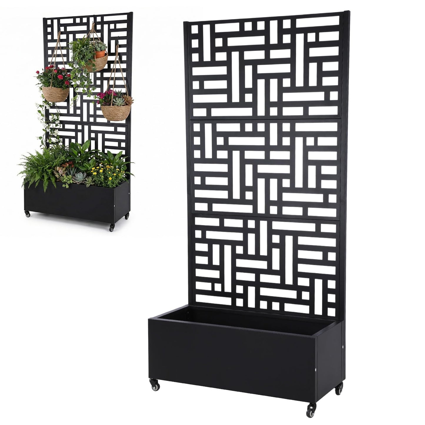 AZURAOKEY Metal Planter Box with Trellis Standing Planter Box for Climbing Plants/Vines Raised Garden Bed On Wheels 70.87x35.43x15.75 Inch (02)