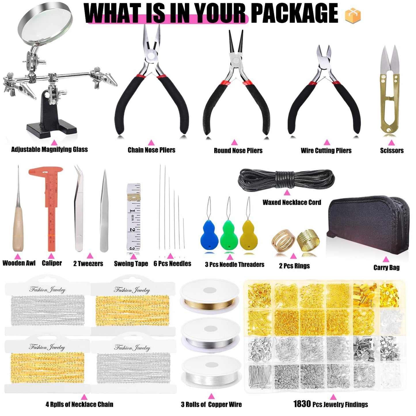 MONVICT Jewelry Making Supplies Kit with Jewelry Making Tools, Findings, Necklace Chain, Jewelry Wires, Adjustable Magnifier, Carry Bag, Meet All the Needs of Jewelry Making, Repair, Beading
