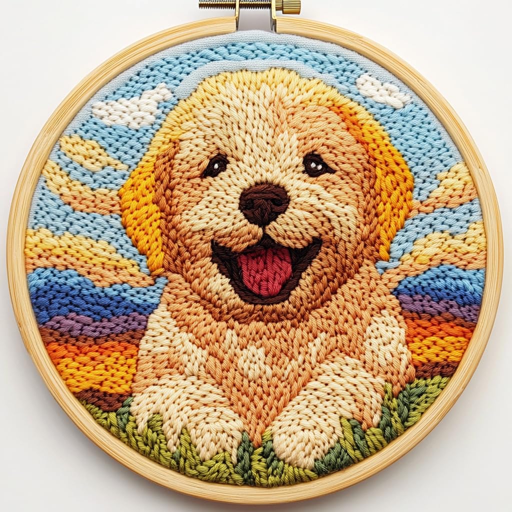 DIY Punch Needle Kits for Beginners Cute Puppy Golden Retriever Dog with Hoop Punch Needle Starter Craft Embroidery Set Easy for Adults and Children Festival Gift and Decoration 20x20cm-1