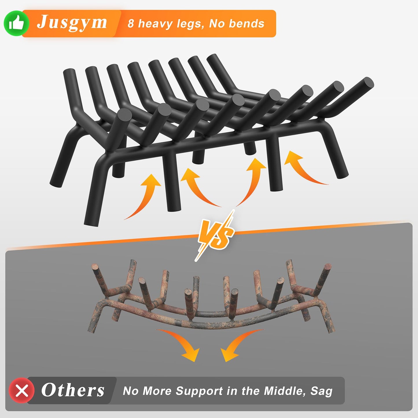Jusgym Fireplace Grate 24 Inch with 8 Support Legs, Round Solid Steel Heavy Duty Fireplace Log Holder with Fire Tongs & Poker, Fireplace Log Grate for Indoor Fireplace and Outdoor In-ground Firepit