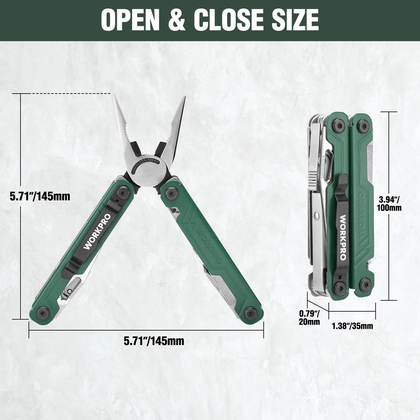 WORKPRO 18-in-1 Multi Tool Pliers, Gifts for Men, Stainless Steel EDC Multitool with Pocket Knife, 2 Safety Locks, Belt Clip and Oxford Pouch, Utility Multiuse Tool for Camping
