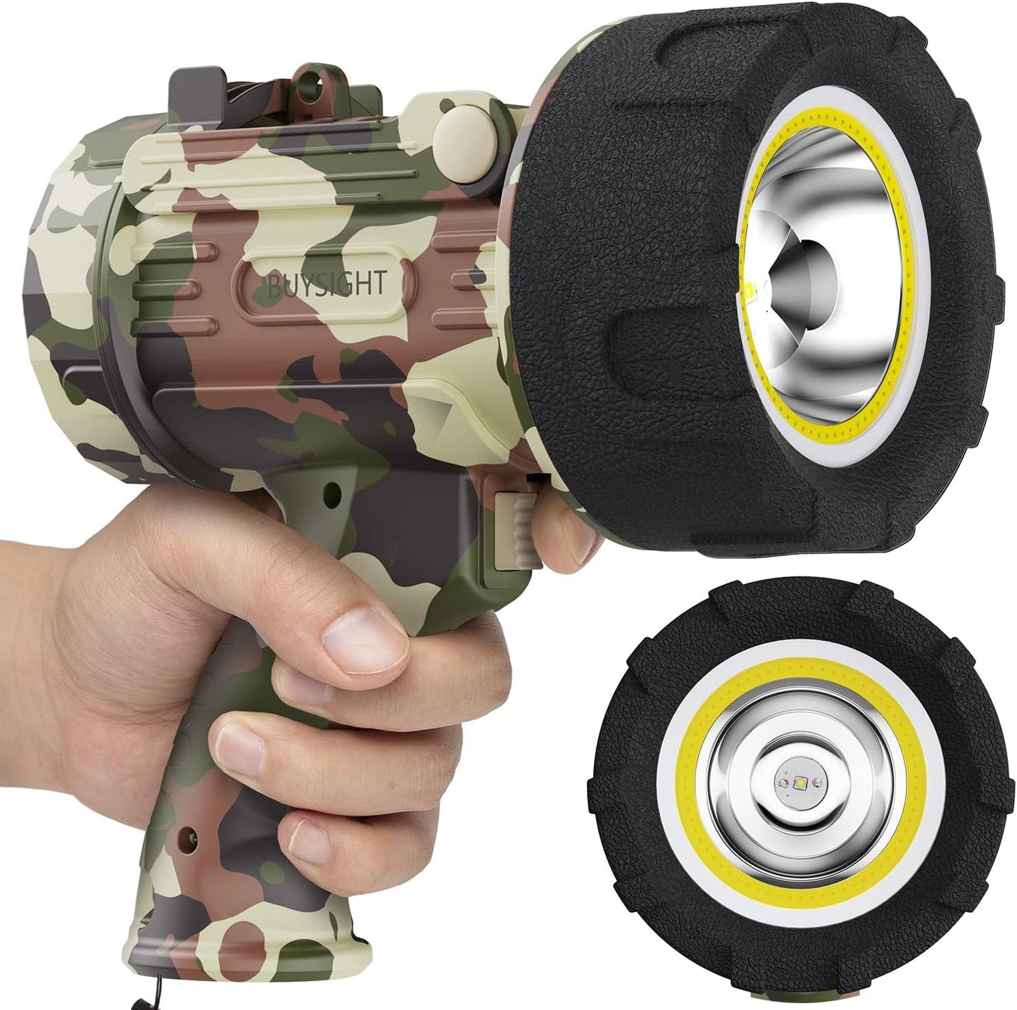 BUYSIGHT Rechargeable Spotlight Flashlight, TURE 1600 high lumens Hand held Spotlight Waterproof Flashlight Hunting floodlight with red Filter(Camouflage Gray-COB)