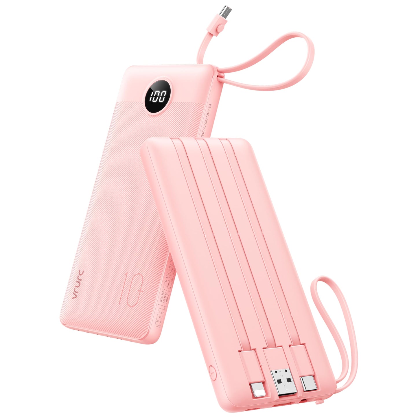 VRURC Portable Charger Power Bank, 10000mAh Travel Essentials Battery Pack, Compact USB C Charging Bank Built-in Cables Cords Compatible with iPhone 17 Pro 17 16 15 14 13,Samsung-Pink(1 Pack)