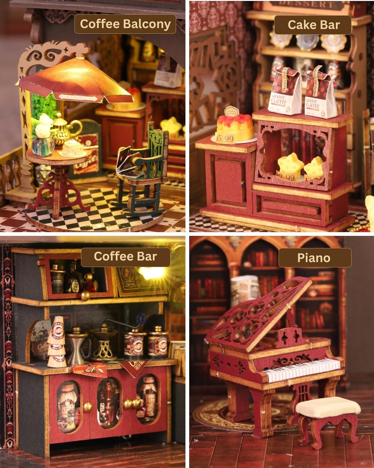 Jorivel Letter Coffee DIY Miniature House Kit with LED Light - Assembled Dollhouse Kit for Shelf Decor - Wood 3D Puzzles Tiny House Book Nook - Creative Gift for Adults at Christmas Halloween Birthday