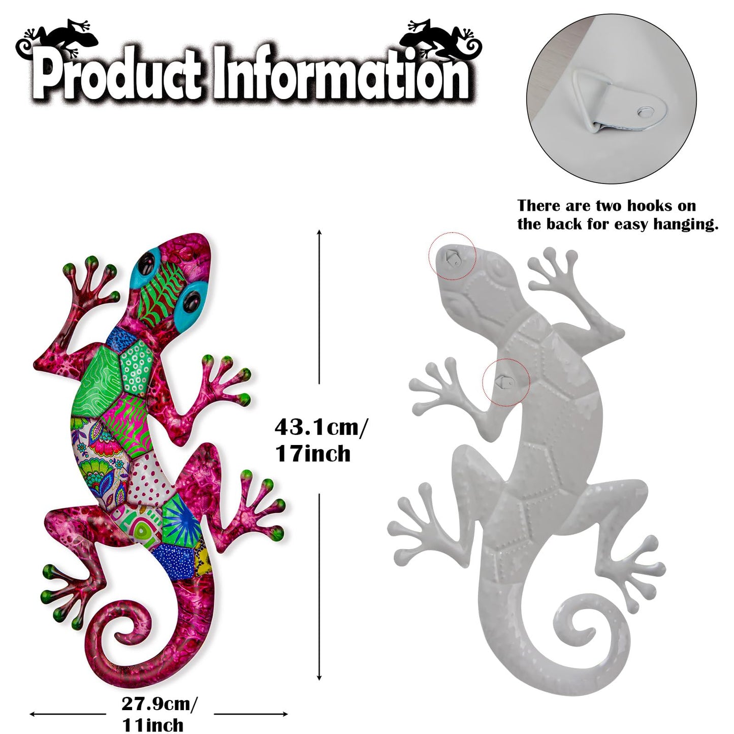 SUNREEK Metal Gecko Wall Art, 17 Inches Large Lizard Outdoor Wall Decor for Fence Garden Yard Room Patio Decorations (2, Gecko-A)
