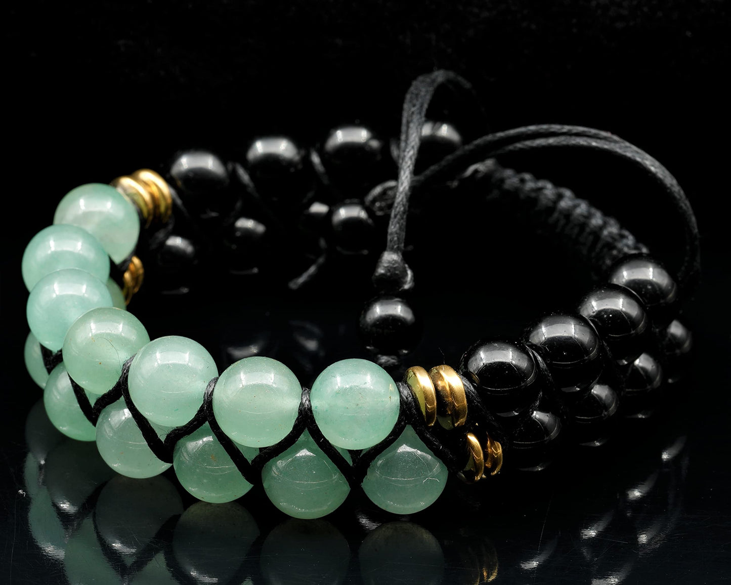 Natural Green Aventurine Double Row Bracelet for Men & Women | Handmade 8mm Green Aventurine Black Onyx Macrame Bead Bracelet | Adjustable Waxed Cord | Libra Zodiac Chakra Jewelry Gift