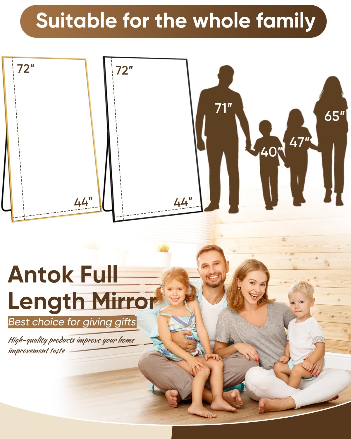 Antok Full Length Mirror, 72"x44" Floor Mirror, Floor Standing Freestanding Full Body Mirror with Stand for Bedroom, Hanging Mounted for Living Room Cloakroom, Black