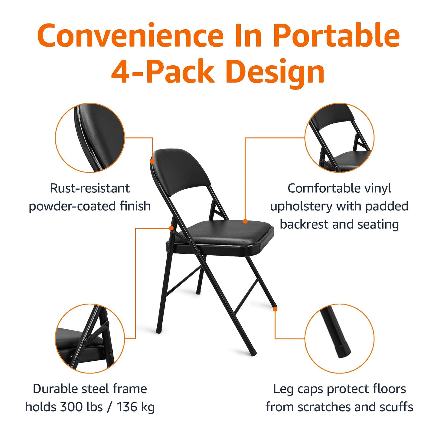 Amazon Basics Comfortable Vinyl-Padded Metal Steel Folding Chairs for Events, Easy to Fold and Store, Black, 4-Pack