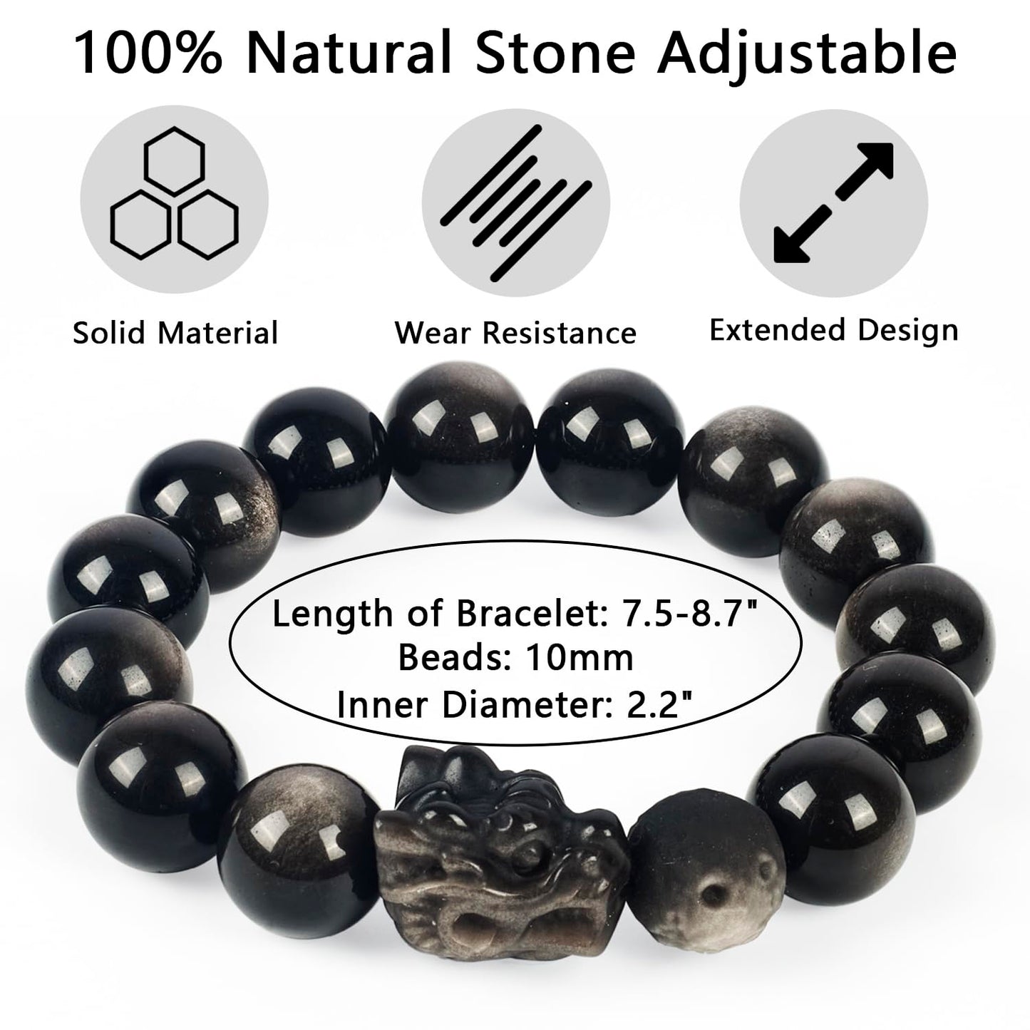 Natural Obsidian Bracelet For Men 10MM | Adjustable Stone Beaded Bracelet | Handmade Obsidian Stretch Elastic Bracelet for Men Women Gifts | with Dragon-Head Sculpture | Black and Silver 7.5"