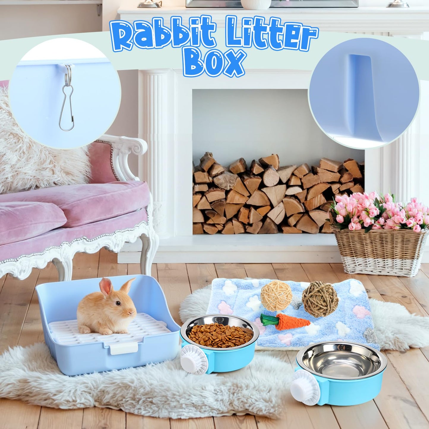 Reallnaive 15 Pcs Rabbit Starter Kit Small Rabbit Litter Box Girls Gift Animal Grooming Kit Bunny Toys Bowl Blankets with Cleaning Set for Guinea Pig Accessories(Candy Blue)
