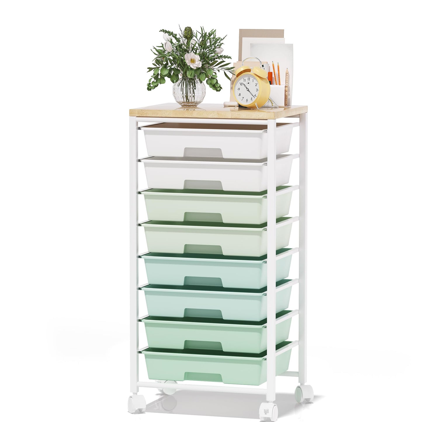 Rolling Cart with 8 Drawers, Storage Drawers Cart with Wooden Tabletop and Lockable Wheels, Craft Storage for Living Room, Office, Classroom, Craft Room, Bedroom