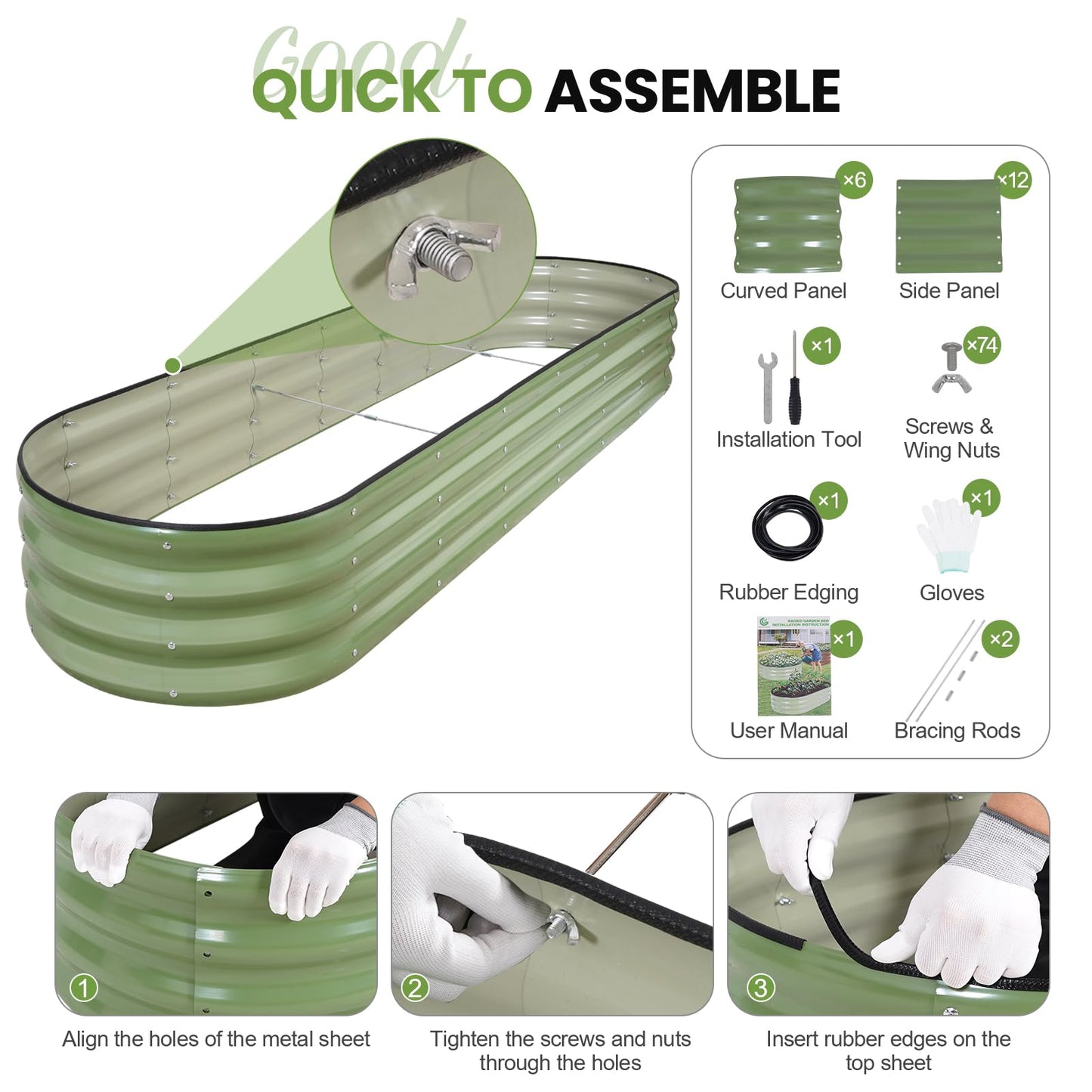 G GOOD GAIN Raised Garden Beds - 8x2x1ft Galvanized Planter Boxes Kit with Protective Tape & Gloves & Tools | Oval Metal Outdoor Raised Bed for Gardening Vegetables, Fruits, Flowers, Herbs, Oliver