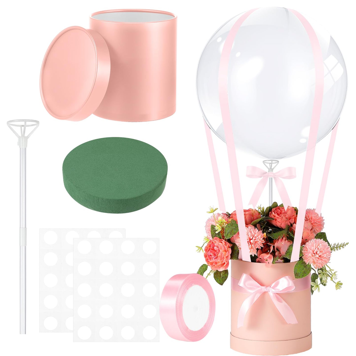 Soulchen DIY Hot Air Balloon Christmas Surprise Gift Box with 20'' Bubble Bobo Balloon Ribbon and Floral Clay for Christmas Wedding Bridesmaids Birthday Anniversary Baby Shower Party Decoration(Pink)