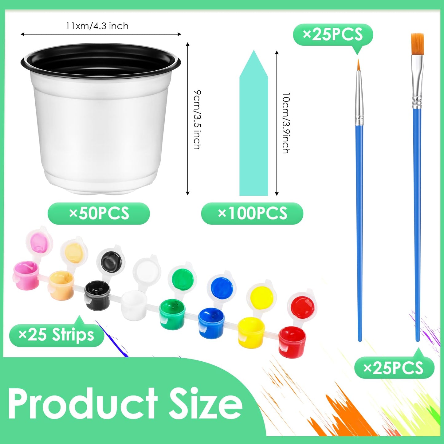 FillTouch 175 Pcs Mini Acrylic Paint Set for Gardening 50 Plastic Plant Pot Craft with Holes 25 Set Paint Strip with Brushes 100 Green Plant Label Your Own Pot for Gardening Activity