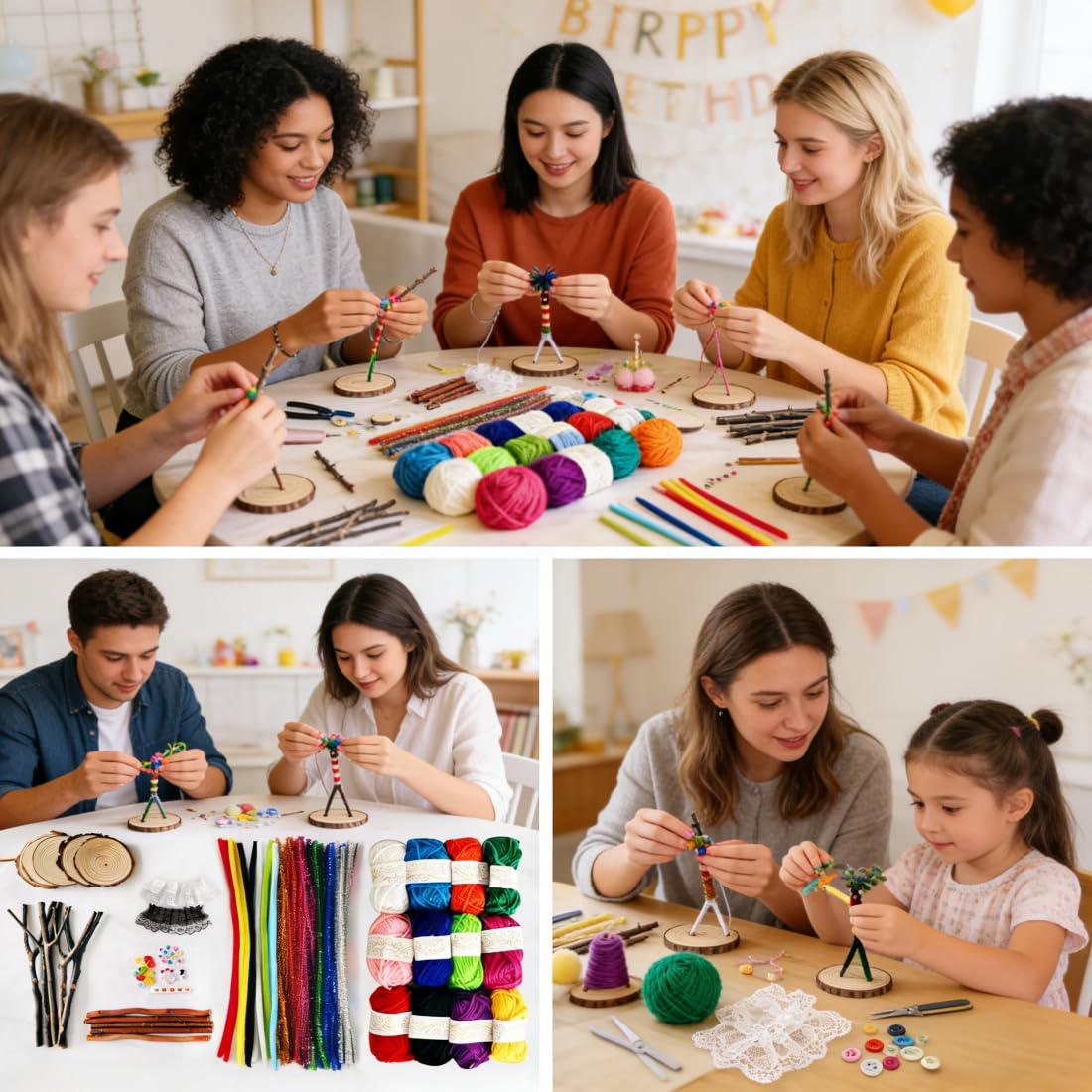 Qupace 5 Sets Wooden Doll DIY Craft Kits, All-in-One Art Supplies with Yarn, Pipe Cleaners, Pompoms, Googly Eyes, Lace, for Kids & Adults, Party Activities, Birthday Gifts, School Art Projects
