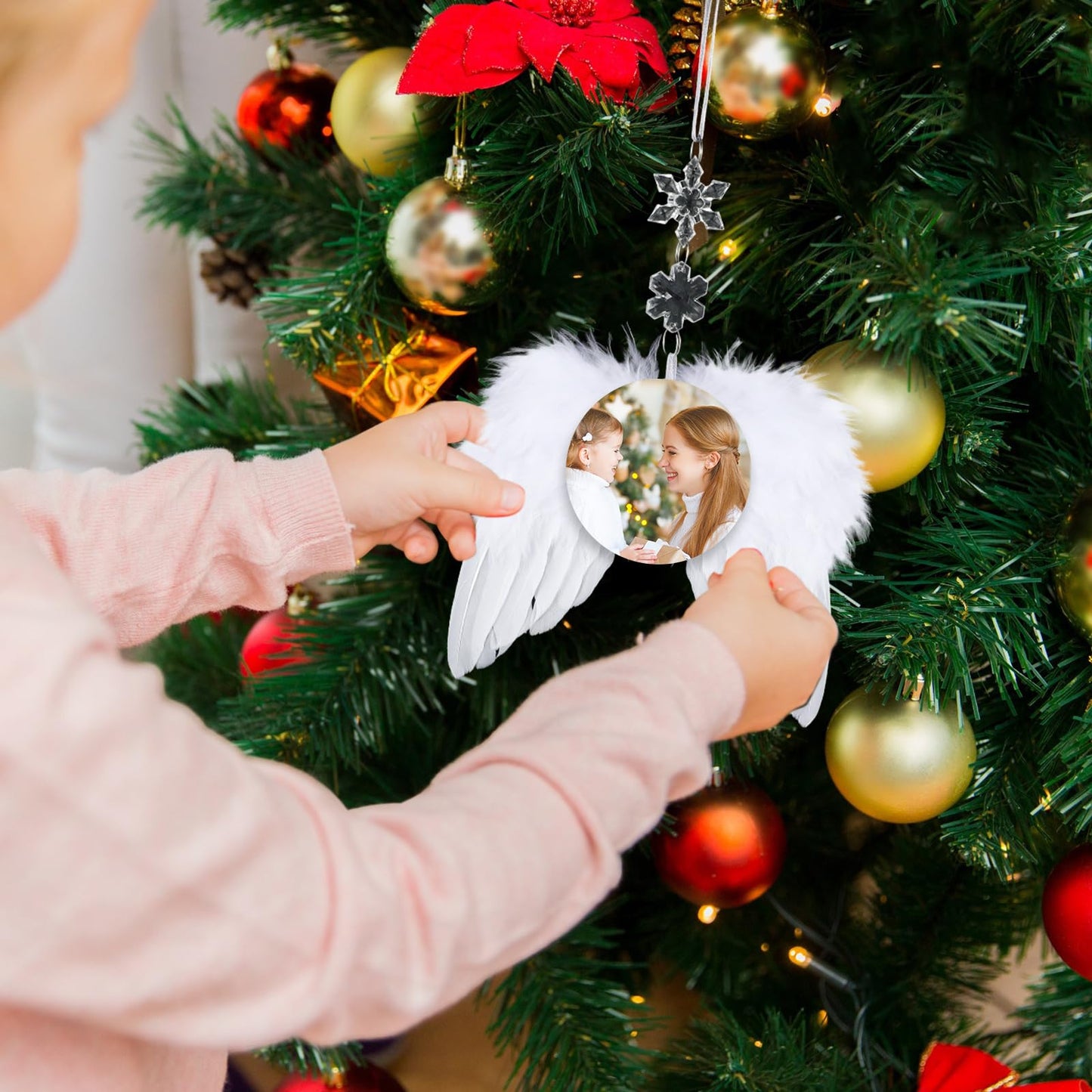 Huwena 48 Pcs Christmas White Angel Wings Ornament Angel Feather Wings with Round Sublimation Blank Pendants Hanging Acrylic Snowflake Crystal Ornaments for Christmas Tree DIY Crafts Party Decor