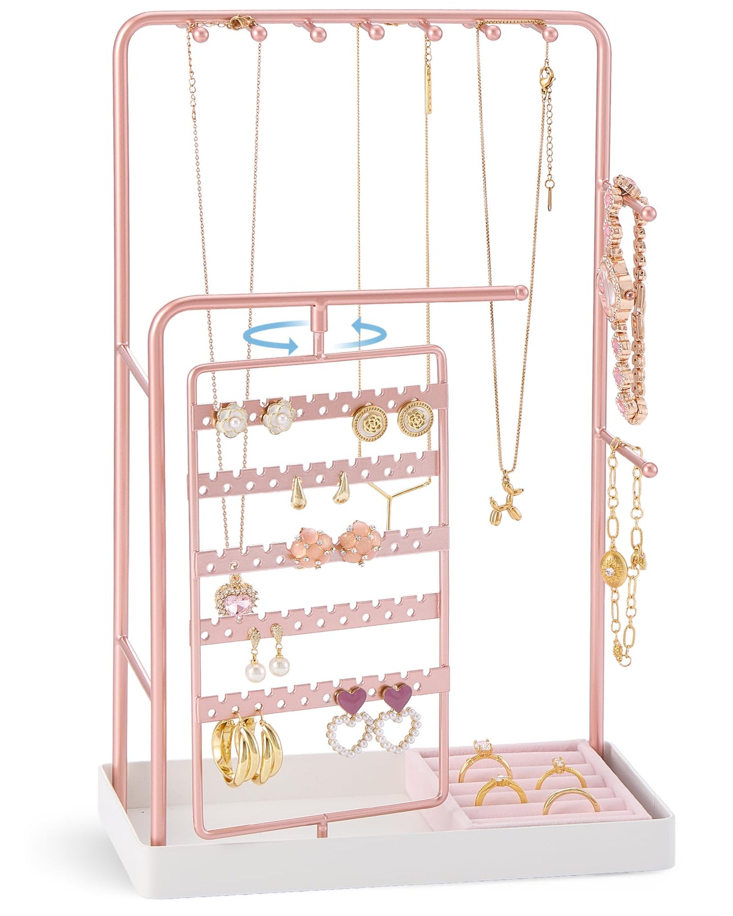 ProCase Jewelry Stand Holder Organizer, Jewelry Display Storage with Ring Tray, Rotating Earring Bracelet Necklace Holder, Valentine's Gifts Room Dorm Decor for Teen Girls -Rosegold (No-Assembly)