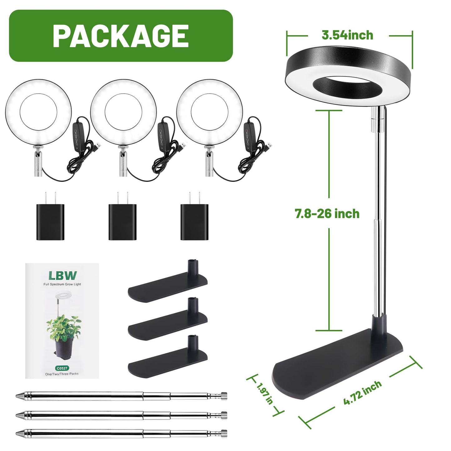 LBW Grow Light for Indoor Plants,Full Spectrum Plant Light with Base,Height Adjustable Plant Grow Lamp with Auto Timer 6/8/12/16H, 3 Colors,5 Dimmable Brightness, for Small Plants,Black, 3 Packs