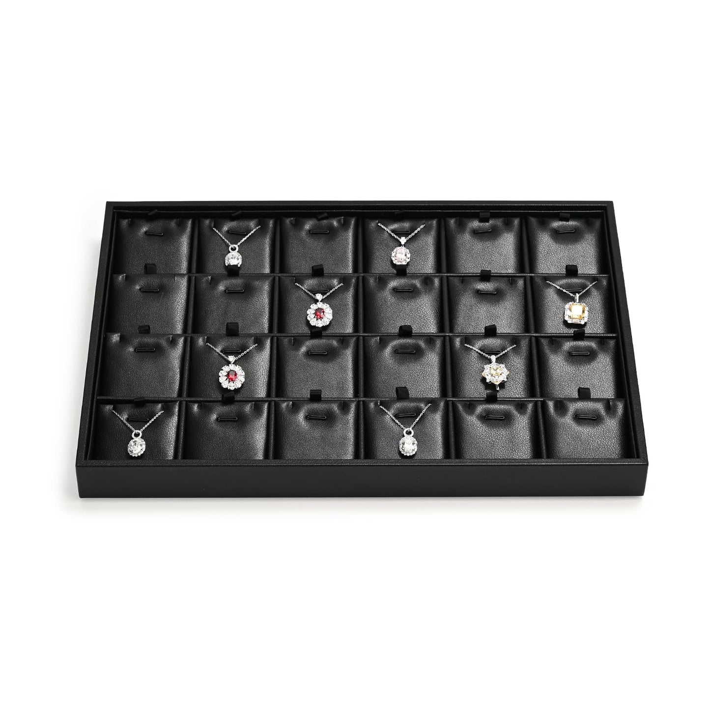 Papten 24 Grids PU Leather Necklace Tray Jewelry Display Tray for Drawers With Removable Jewellery Cards Necklace Pendant Tray (Black)