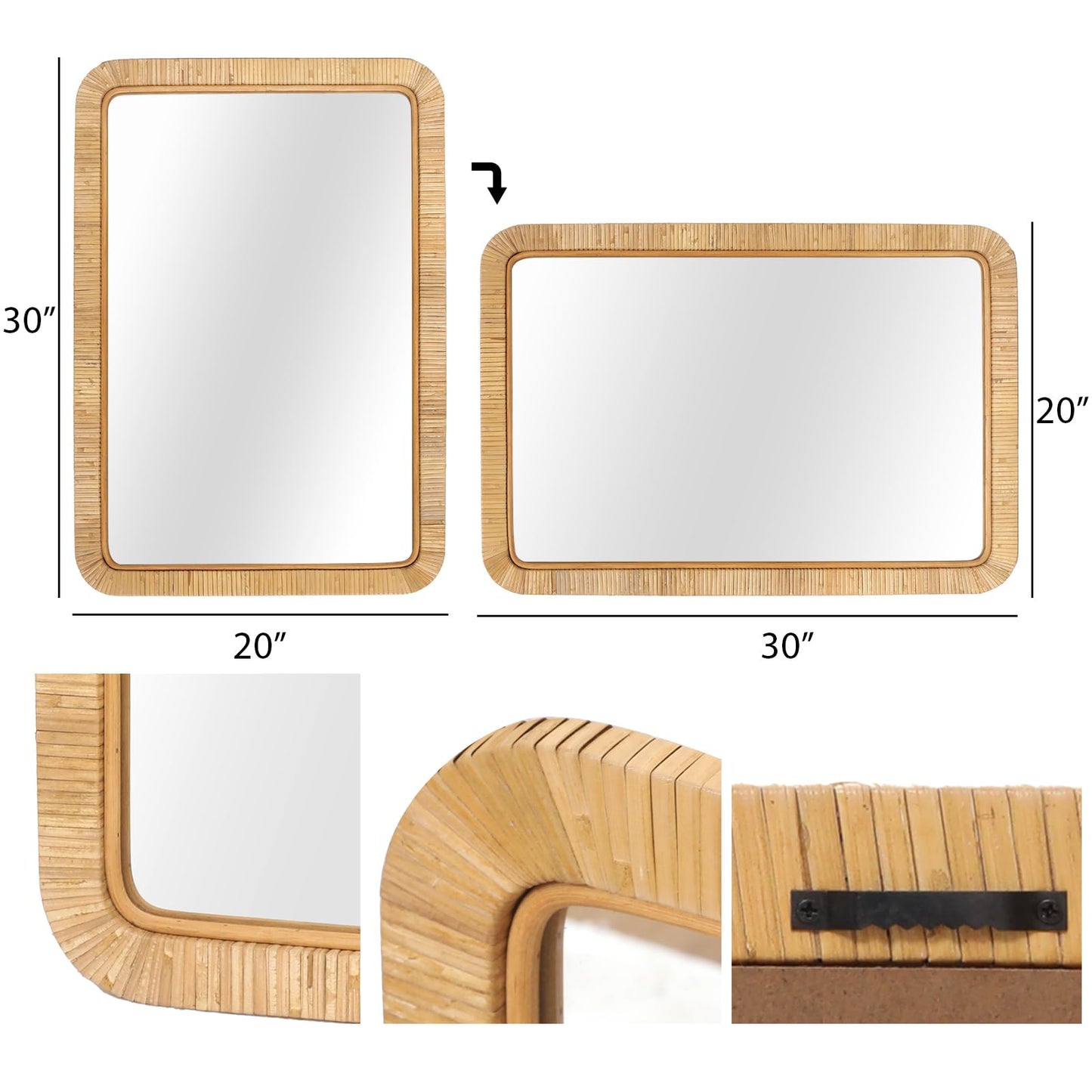 FUIN 20" x 30" Rattan Wicker Rectangle Wall Mounted Bathroom Mirror for Coastal Boho Nursery Decor, Natural