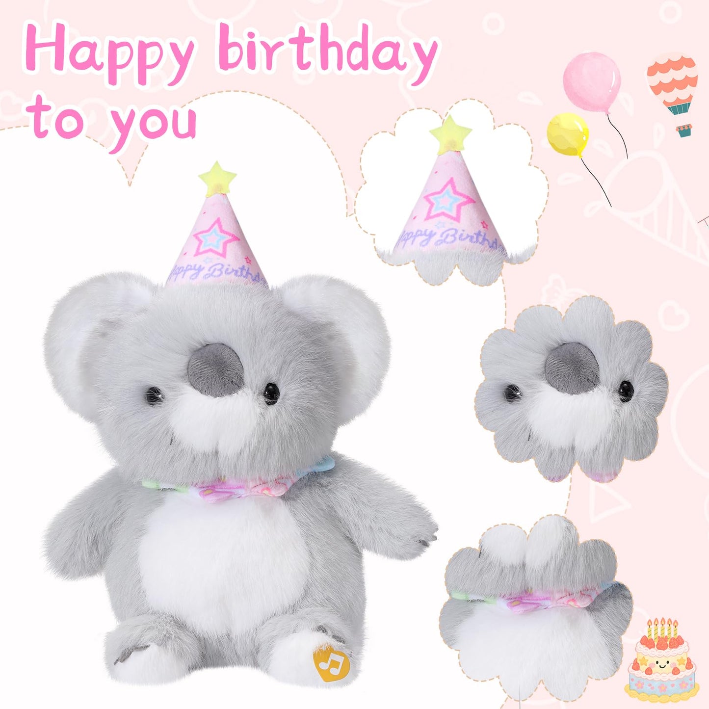 LLUKEME Birthday Koala Plush Baby Toys, Clap Activated with Voice Recording, Singing Dancing Interactive Stuffed Animal, Easter Gift for Toddlers, Birthday Party Decor