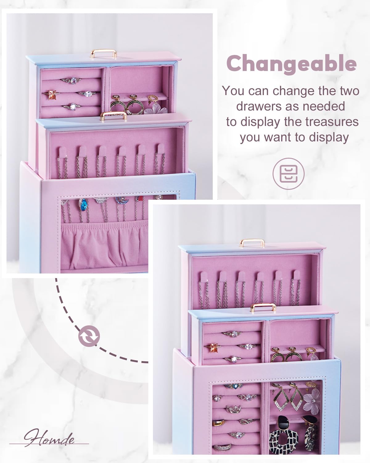 Homde Jewelry Organizer Girls Women Jewelry Box for Necklaces Rings Earrings Gift Bracelets Storage Case (Blue - Pink Gradient + Gold)