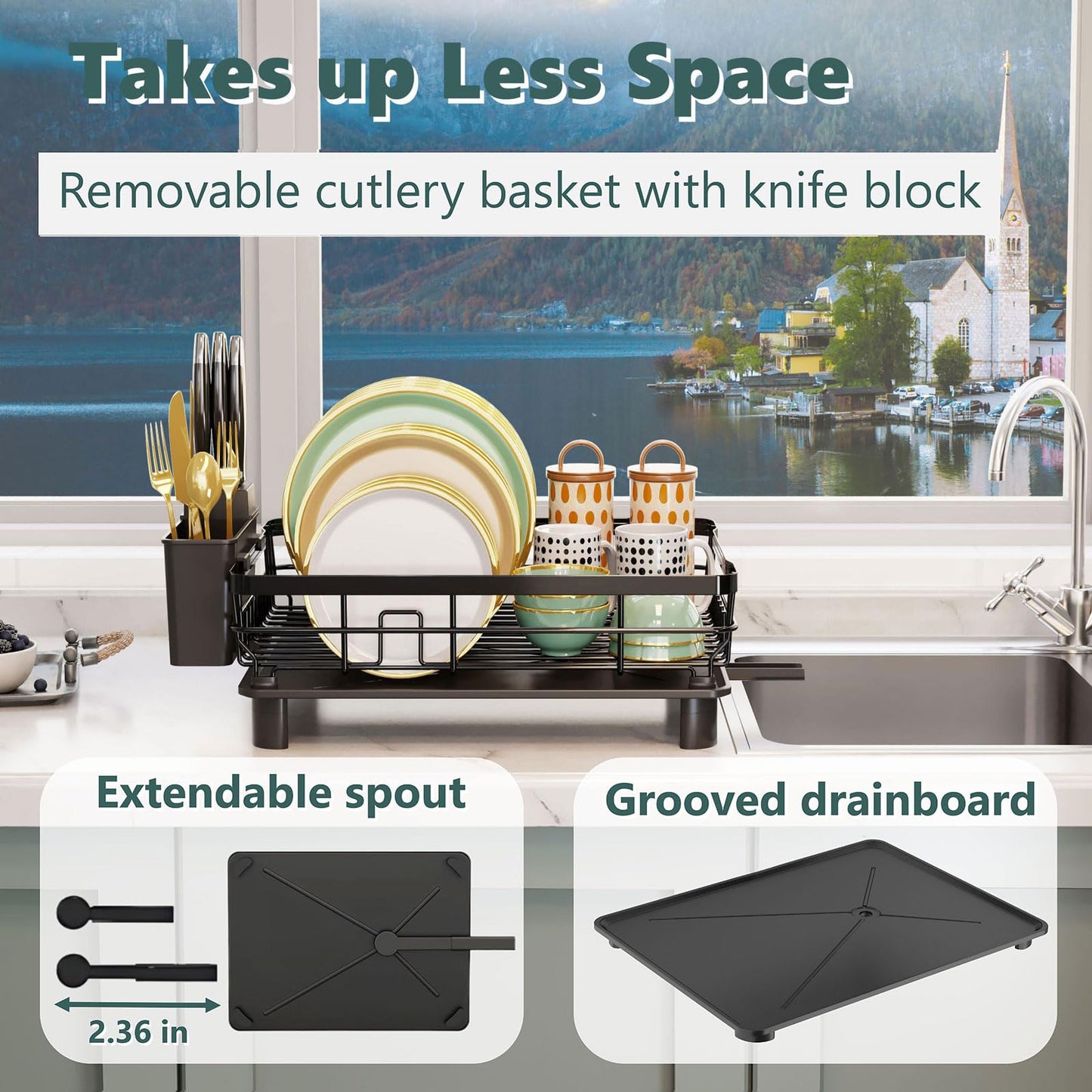 AIDERLY Iron Dish Drying Rack with Drainboard Dish Drainers for Kitchen Counter Extendable Spout Strainers with Utensil Holder and Knife Slots, Black