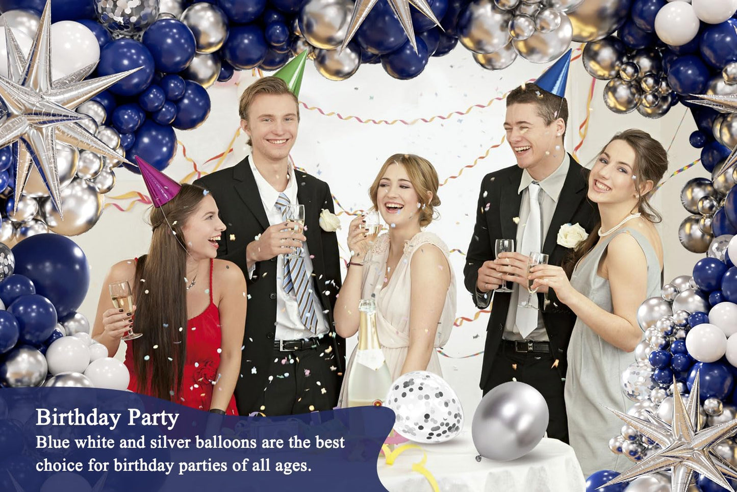 130pcs Navy Blue and Silver Balloon Garland Arch Kit with 3pcs Silver Star Balloons, Royal Blue Metallic Silver White Balloons for Birthday Baby Shower Wedding Graduation Party Decorations