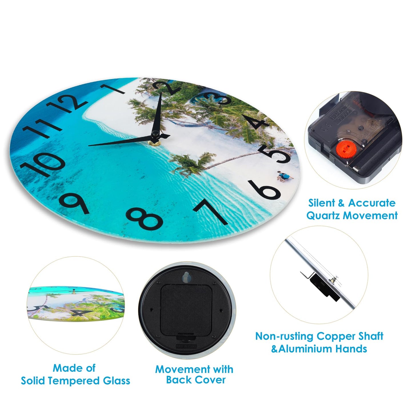 Crosstime 14 Inch Outdoor Wall Clock - Waterproof Tempered Glass, Silent Non-Ticking Easy to Read, Blue Beach Nautical Coastal Decor for Patio, Pool, Garden, Backyard