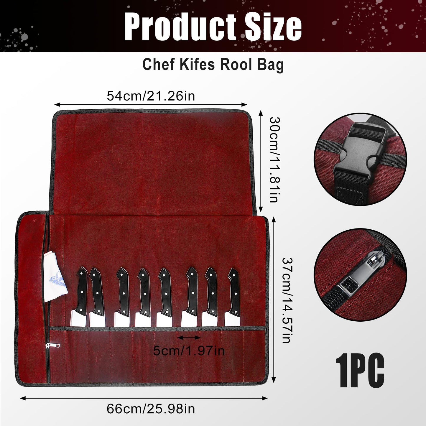 Chef Knife Roll Bag,Waxed Canvas Knife Travel Case,Heavy Duty Professional Knife Carrier Storage Holder with 10 Slots,Portable Kitchen Culinary Tool Organizer for Men,Fits up to 18.8” Knives.Burgundy