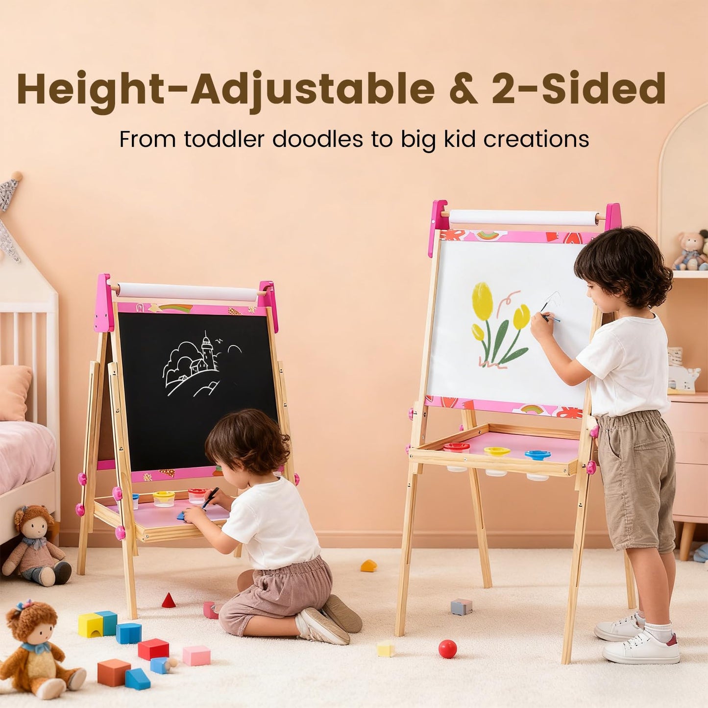 DUMOS Kids Easel Set with Paper Roll, Adjustable Height Wooden Double-Sided Magnetic Chalkboard & Whiteboard Art Station for Ages 3+, Dry Erase Board, Gift Idea with Accessories for Girls and Boys
