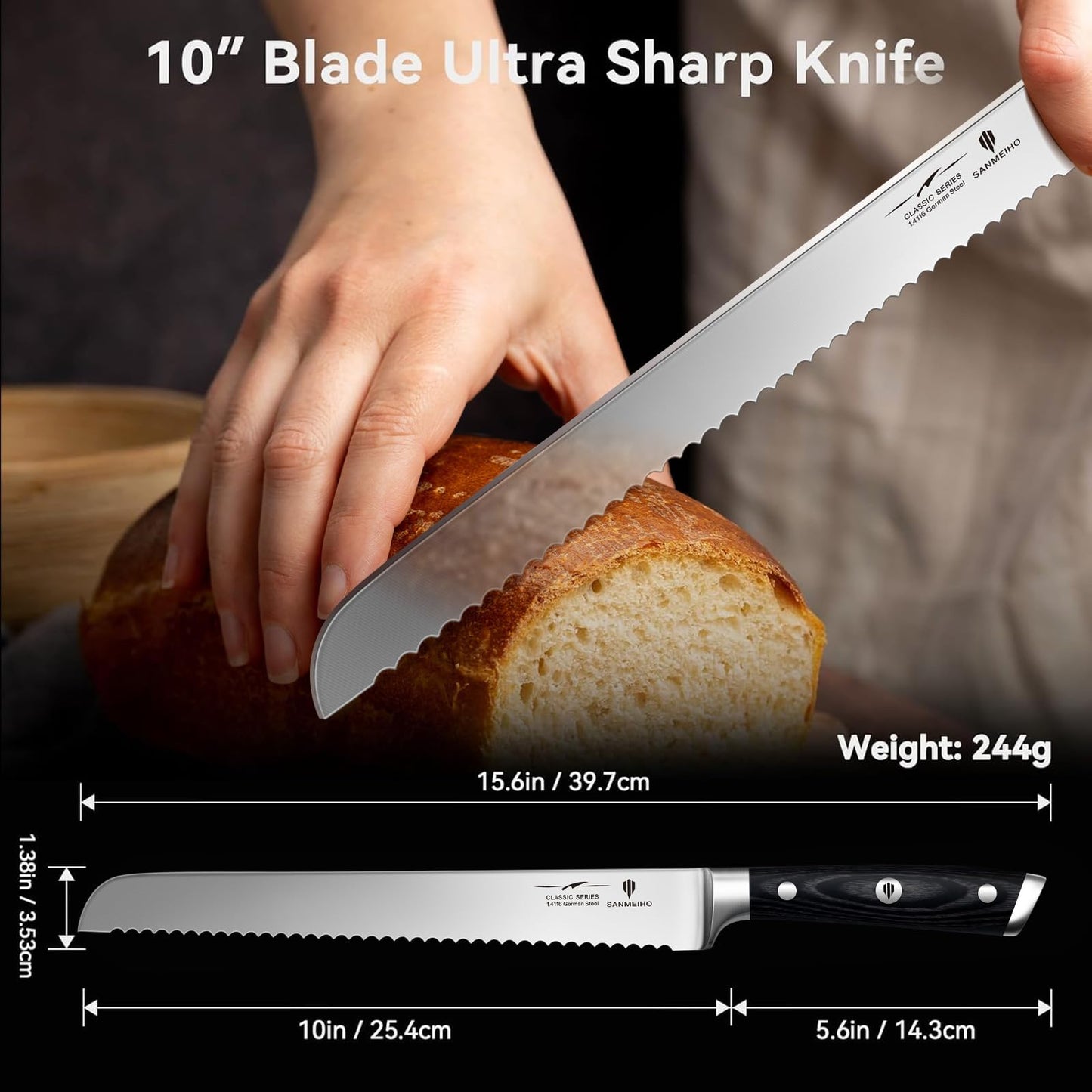 SANMEIHO 10" Bread Knife - Sourdough Slicing Knife Professional 5Cr15MoV Stainless Steel Serrated Knives, Ergonomic Wood Handle & Full Tang Design, Gift Box Included (Single-Edge