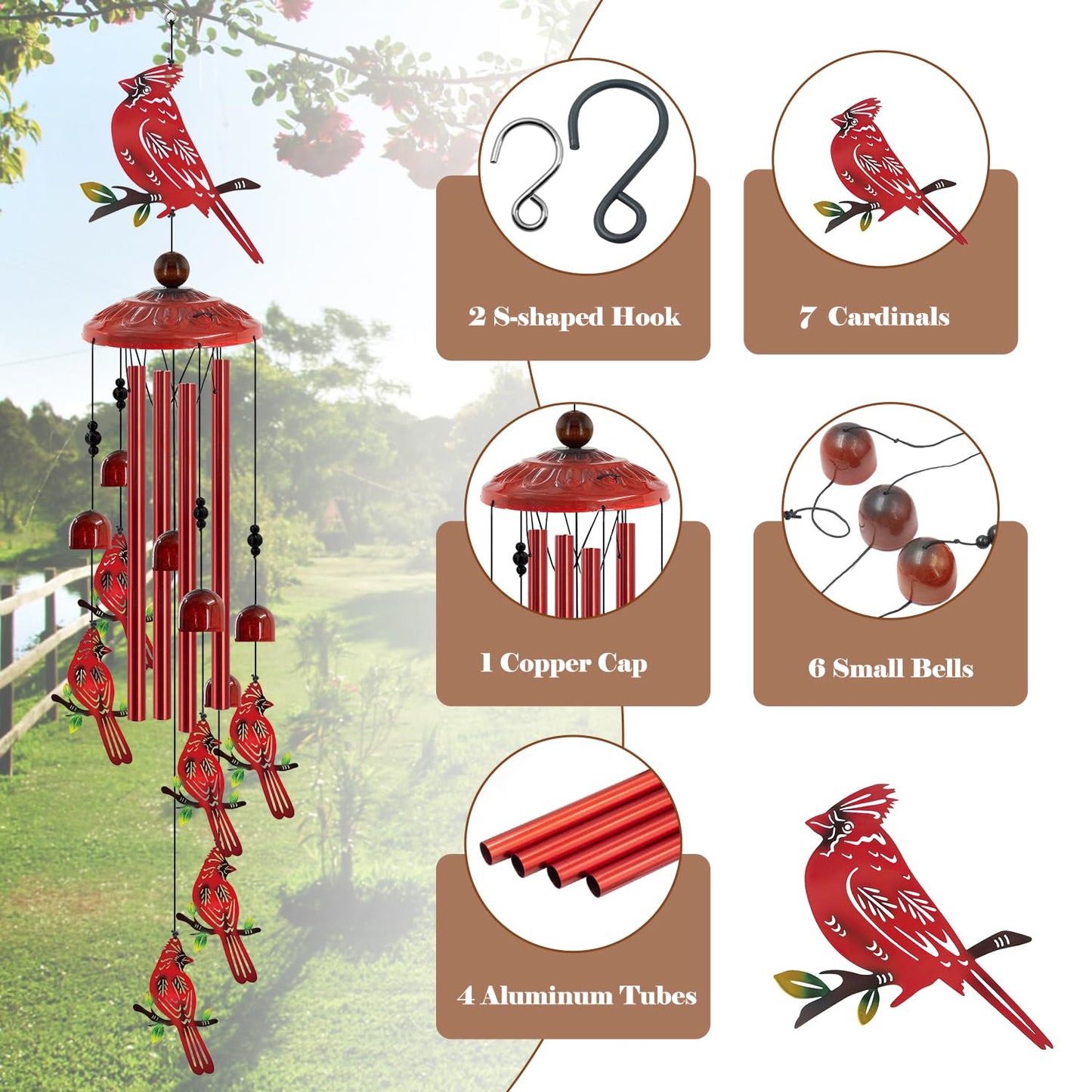 for Women Cardinal Wind Chimes for Outside, 35'' Metal Cardinal WindChimes Gifts for Women/Men, Decoration for Outdoor, Home, Garden, Patio, Backyard