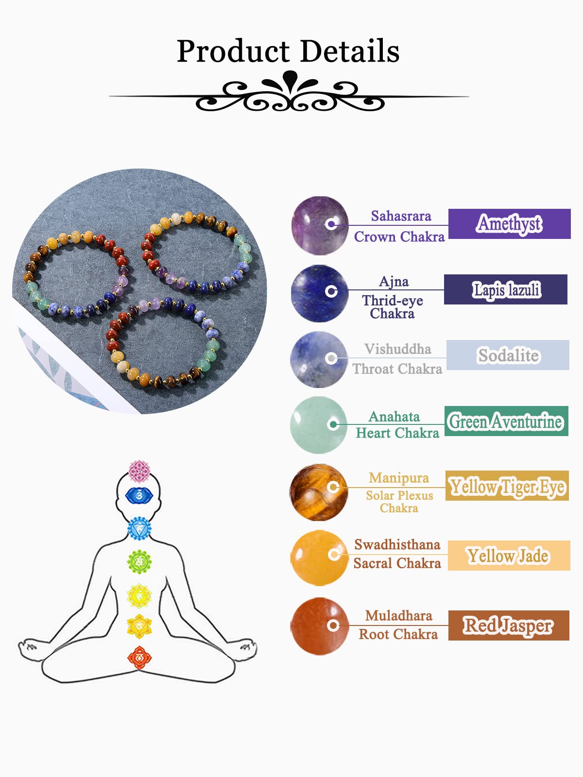 MANIFO 7 Chakra Crystals Bracelet Reiki Healing Crystal Gemstone Stretch Bracelets for Women Yoga Meditation