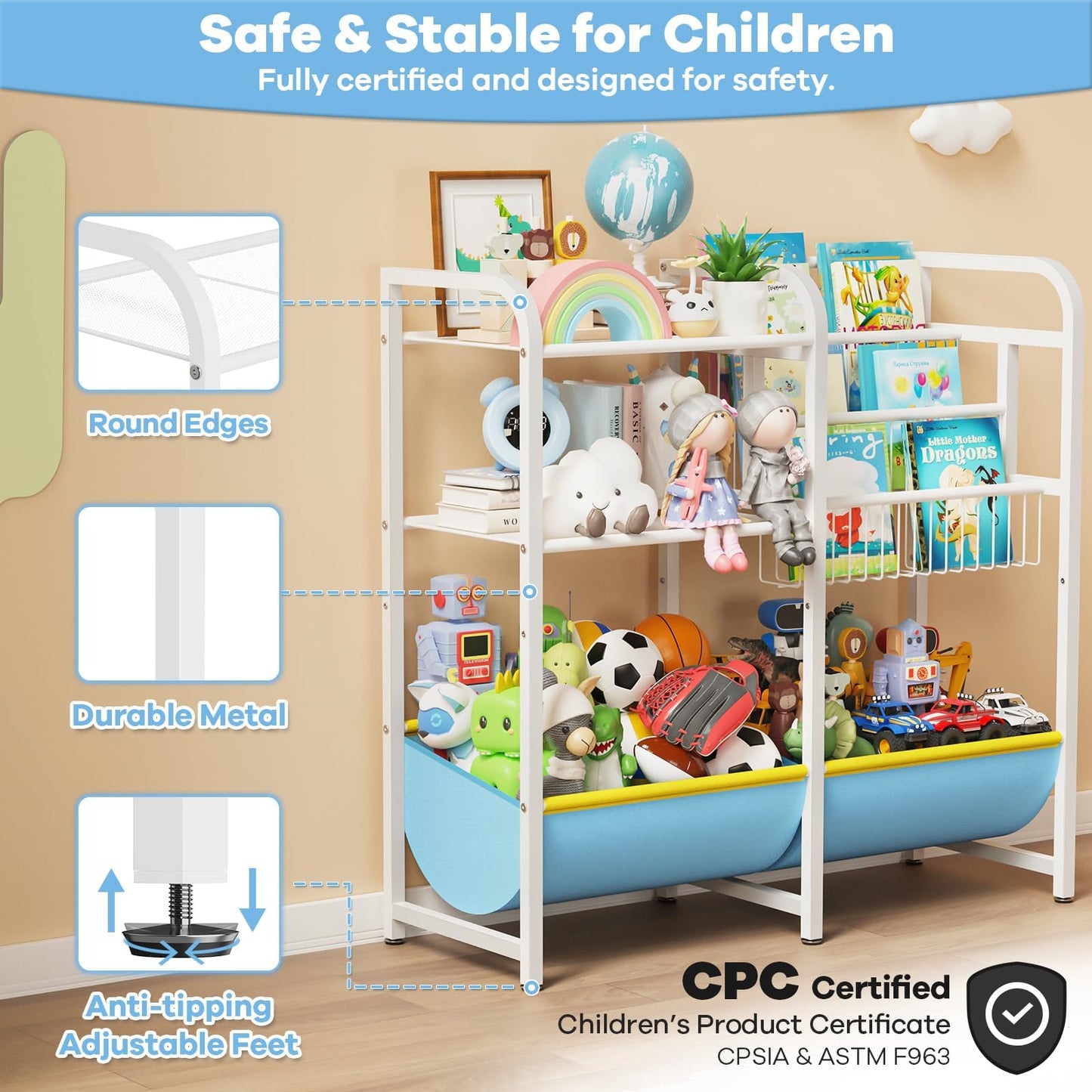 GUIBUKEYAN 3 in 1 Kids Bookshelf and Toy Storage Organizer, Baby Montessori Bookshelf Book Organizer for Kids, Toddler Book Display Shelf Ideal for Classrooms, Playrooms and Nurseries (Light Blue)