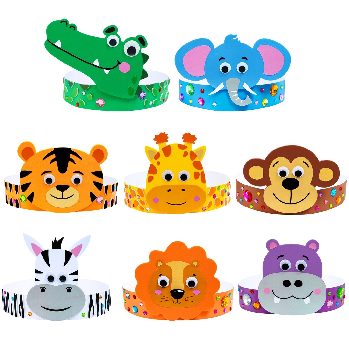 Winlyn 24 Sets Jungle Animal Headbands Craft Kits Safari Crown Art Sets DIY Zoo Party Headbands Foam Stickers Arts and Crafts for Kids Jungle Safari Birthday Activities Party Favors Decorations
