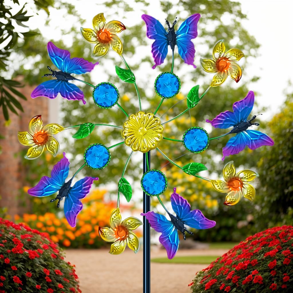 Yourongmao 44" Butterfly Garden Wind Spinners - Metal Outdoor Stake Spinner Windmills, Wind Sculpture Yard Art Decorations for Patio & Lawn