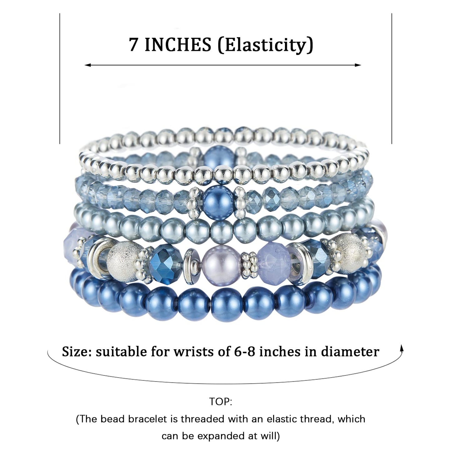 Noessla Beaded Pearl Stretch Bracelet Silver Stackable Crystal Beads Bracelets Trendy Costume Jewelry Mothers Day Gifts for Women(Blue)