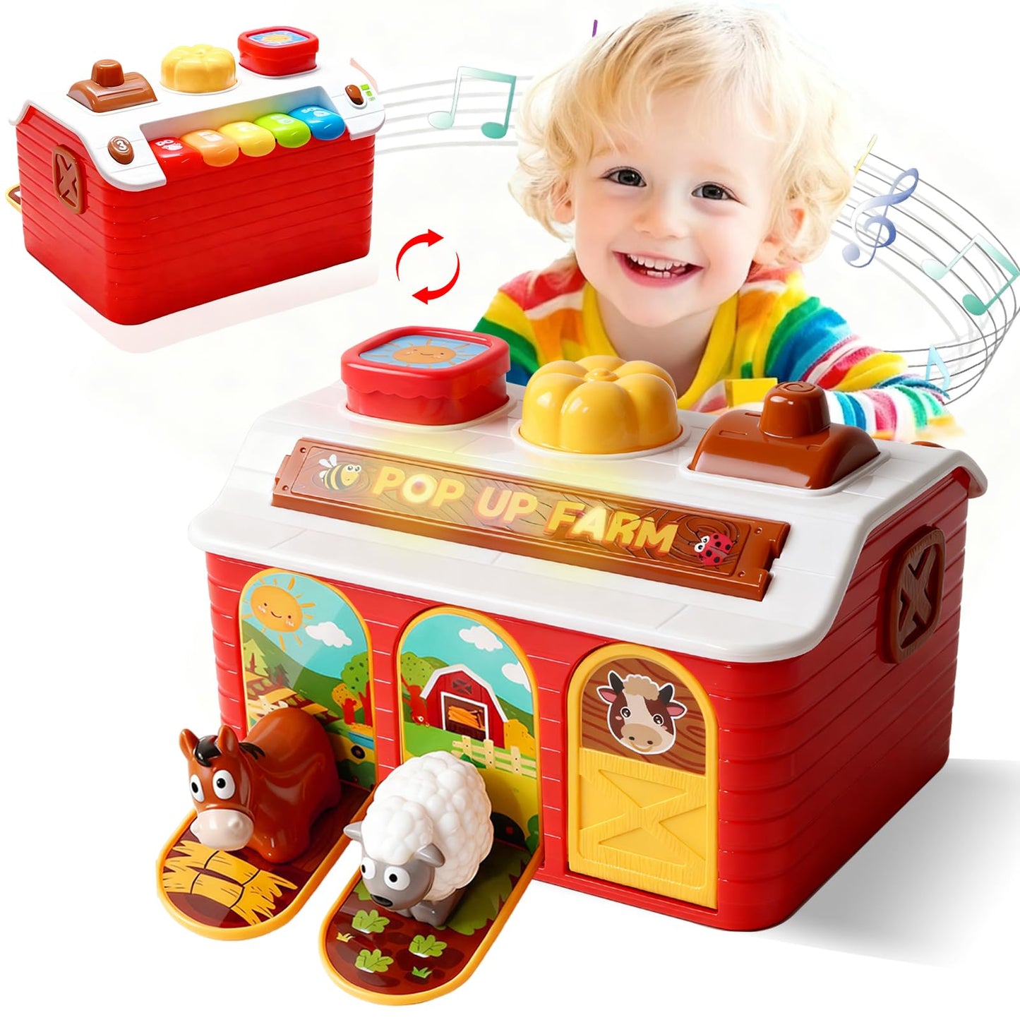 Interactive Pop up Farm Animal Toys with Music & Light & Piano, Montessori Cause and Effect Toys for 1 Year Old Boy, Toddler Early Learning Toys, Birthday Gifts for Baby Infant Toy 12-18 Months