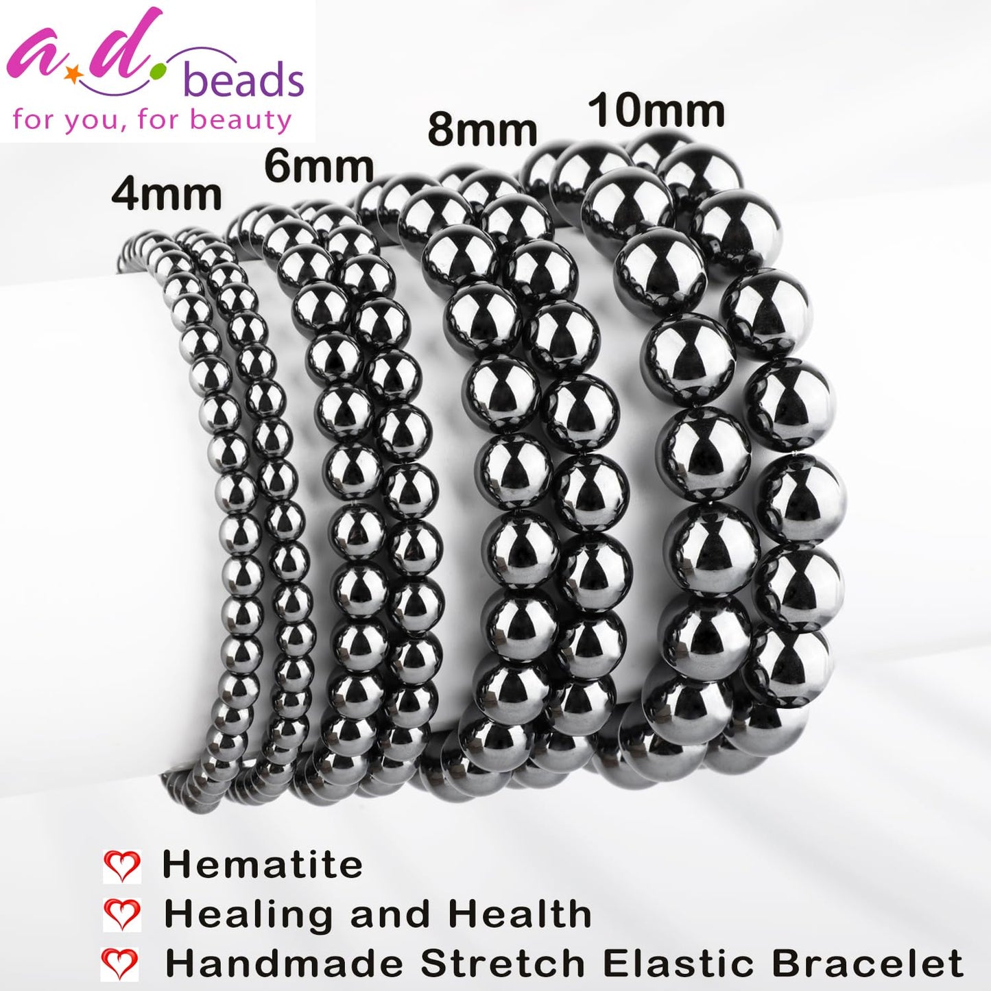 AD Beads 4mm Handmade Hematite Elastic Bracelet – Natural Gemstone for Healing and Health – Meditation, Yoga, Healing and Energy Gift for Men Women