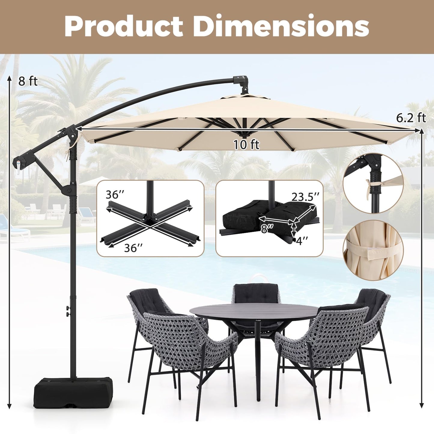 Tangkula 10ft Patio Umbrella with Base Included, Offset Cantilever Outdoor Umbrella with 360 Degree Rotation, Crank Handle, Sun-Protective Canopy for Pool Deck Garden Backyard (Beige)