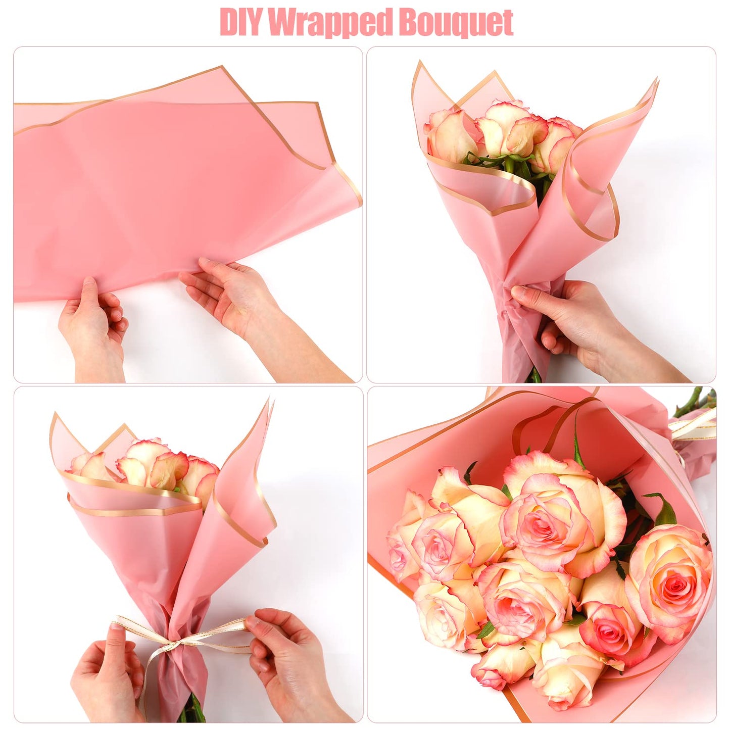 CCINEE 40 Sheets Flower Wrapping Paper, Translucent Gold Edge Waterproof Florist Packaging Paper Gift Box Packaging and 50 Yards Satin Ribbon for Wedding Engagement Bouquet Supplies (Pink Series)
