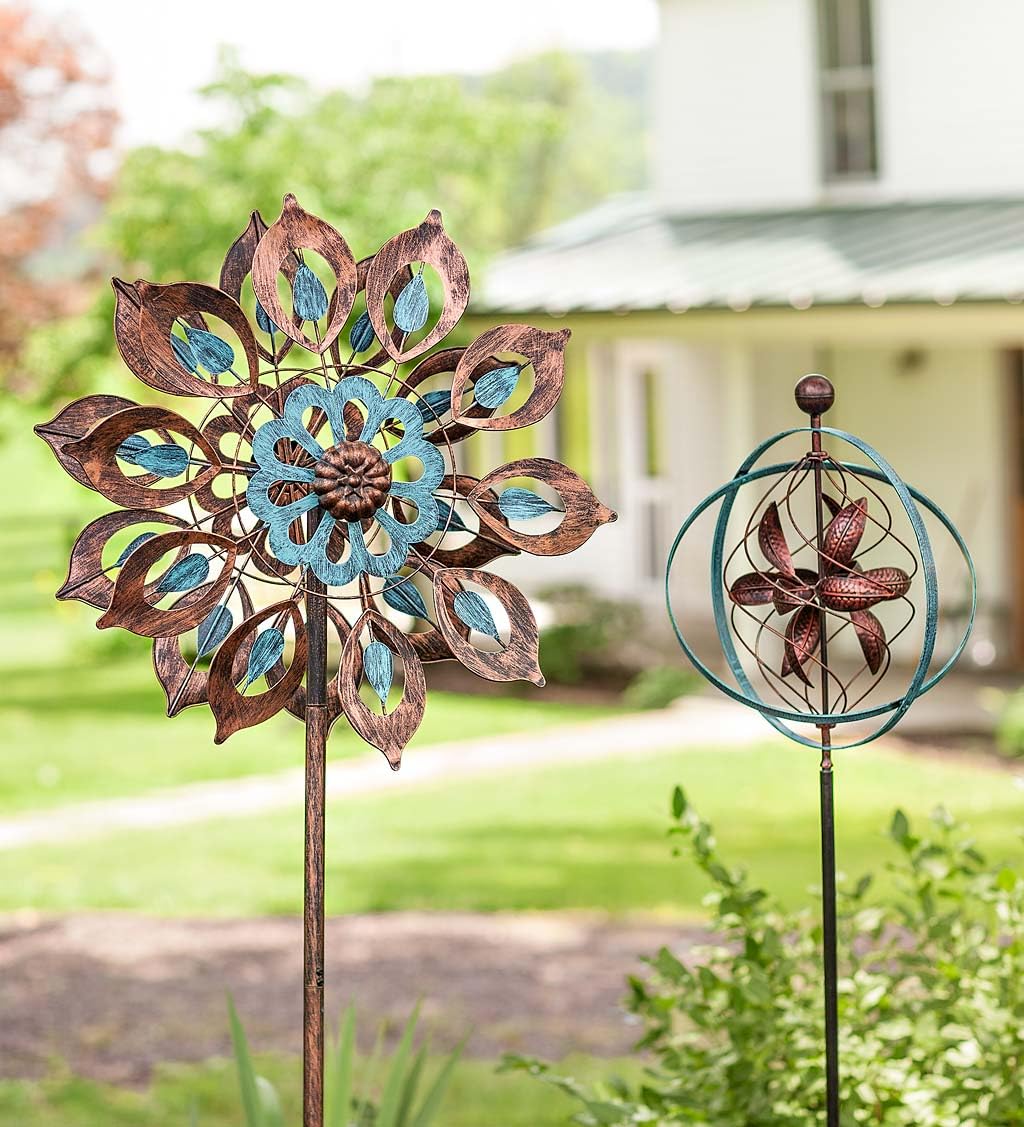 Mesmerizing Copper Lily Wind Spinner Dual-Tone | Petal-in-Petal Design | Independent Rotors | Brushed Copper & Antique Blue |All Seasons | 24" Wx75 H