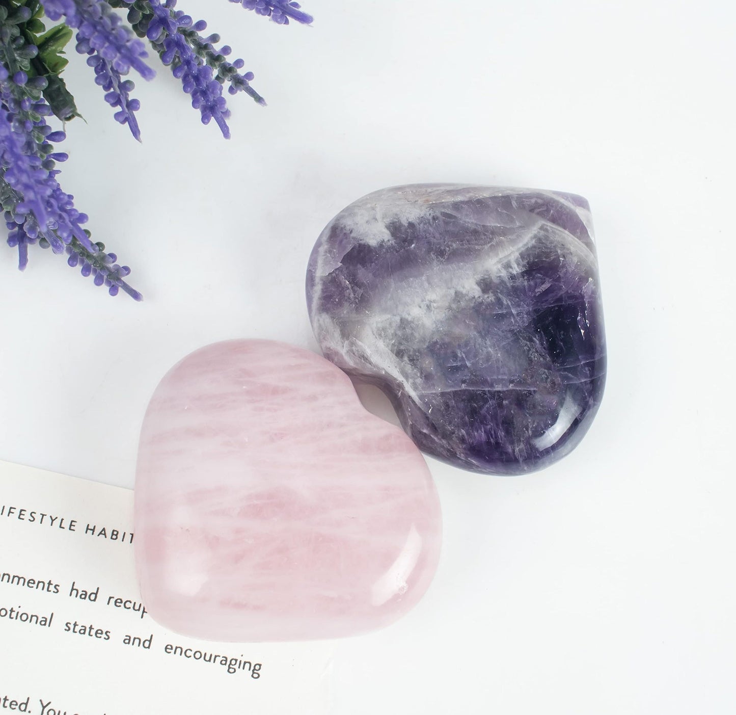 Crocon 2 pcs 50mm Crystal Heart Amethyst & Rose Quartz, (Set of 2) Healing Stone for Heart Chakra Crystal Heart Shape Love Heart Crystal Gift Pocket Stone Reiki Meditation Gift for him her
